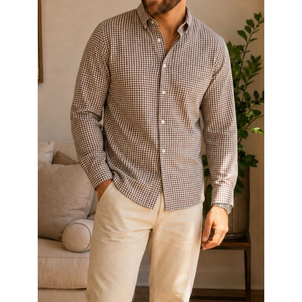 Peter Millar Men's Brown Houndstooth Cotton Long Sleeve Button Up Shirt M Turkey